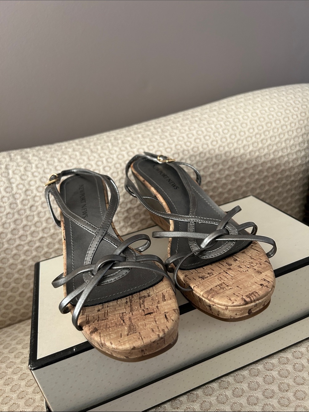 Newport News Metallic Gray Cork Wedge Sandals
